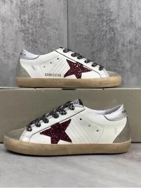Golden Goose White Sneakers with Burgundy Glitter Star